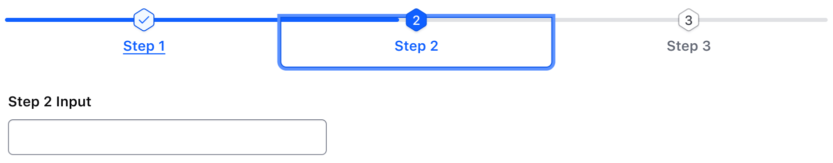 Stepper Nav with 3 steps. The second step, which is active, is focused.